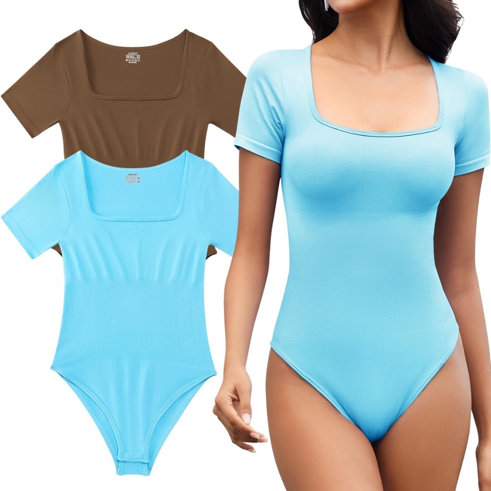 Women's 2 Piece Bodysuits Sexy Ribbed One Piece Square Neck Short Sleeve New!